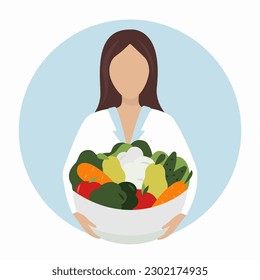 Nutritionist concept. Vector cartoon faceless woman with vegetables and fruits bowl. Diet planner. Nutrition therapy with healthy food.