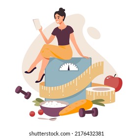 Nutritionist concept. Weight loss program. A girl is sitting on a scale with a measuring tape.Flat vector illustration