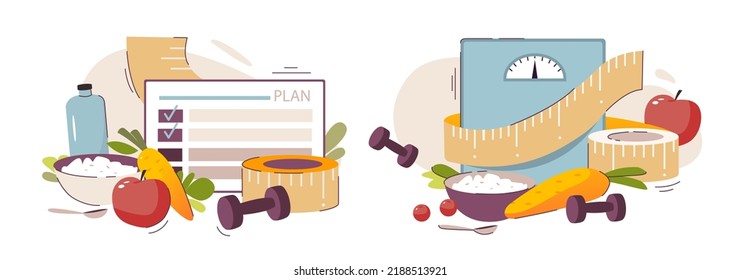 Nutritionist concept. Weight loss program and diet plan. Diet therapy with healthy food and physical activity. Flat vector illustration