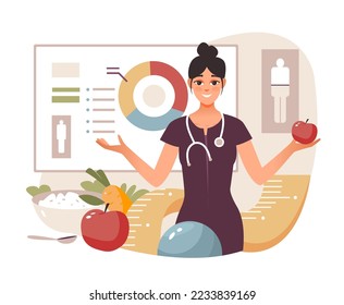 Nutritionist concept. Weight loss program and diet plan. Diet therapy with healthy food and physical activity. Flat vector illustration
