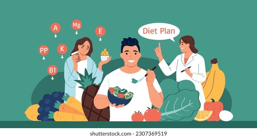 Nutritionist consultation concept with diet course symbols flat vector illsutration