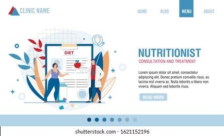 Nutritionist Consultation And Treatment. Online Clinic Service. Cartoon Doctor Selecting Diet Menu For Losing Weight. Overweight Female Patient At Appointment. Flat Landing Page. Vector Illustration