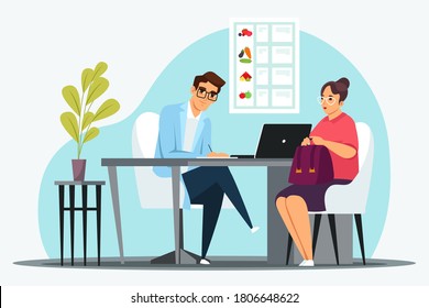 Nutritionist consults woman patient in office. Doctor makes meal plan or diet. Client sits at appointment with dietician in clinic. Vector character illustration of weight loss, healthy lifestyle