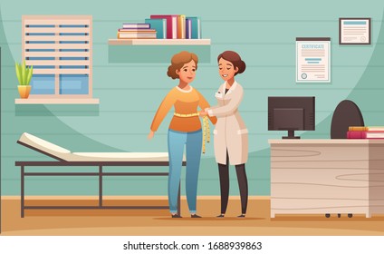 Nutritionist counseling cartoon composition with female client body mass index control in dietitian office vector illustration 