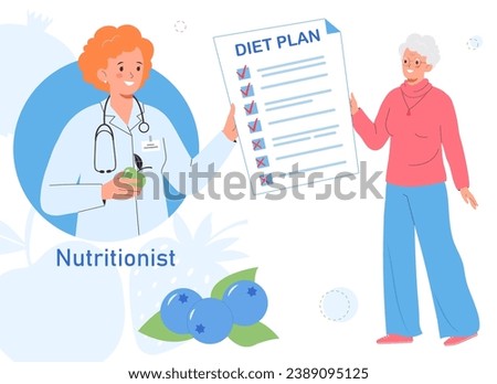 Nutritionist is counseling an elderly female patient. The nutritionist prepares nutritional plan. Healthy eating for the elderly and the concept of active longevity.	