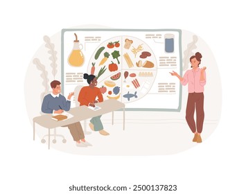 Nutritionist course isolated cartoon vector illustrations. Group of students in a classroom, plate schemes on the board, education, vocational school, becoming nutritionist vector cartoon.