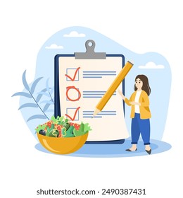 Nutritionist creating healthy eating plan with checklist and fresh salad