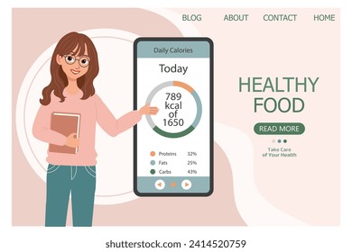 Nutritionist with a diet plan on the phone. Medical concept of healthy eating. Landing page, banner. Cartoon illustration, vector