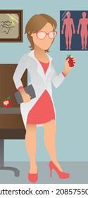 Nutritionist dietician female woman with healthy food and a diet plan. Weight loss program vector illustration in flat modern style.