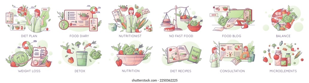 Nutritionist dietitian dietologist set of isolated compositions with doodle images of food recipes doctor and text vector illustration