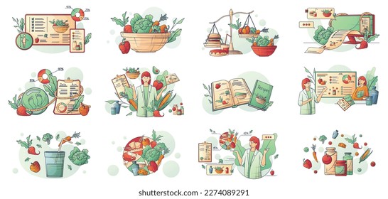 Nutritionist dietitian dietologist set of isolated compositions with characters of female doctor ripe food recipes charts vector illustration