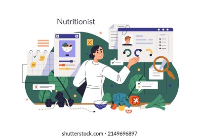 Nutritionist dietitian plans individual healthy balanced diet. Dietician doctor controls patients food ration, calories. Dietary concept. Flat graphic vector illustration isolated on white background