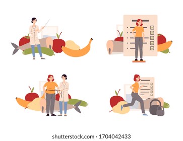 Nutritionist and dietitian set - cartoon woman creating food and weight loss plan for female client surrounded by fruit, vegetables and fish. Flat isolated vector illustration.