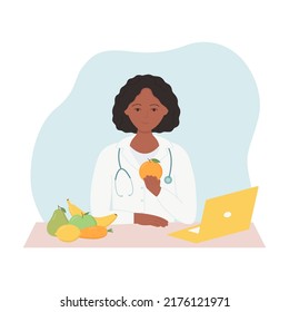 Nutritionist doctor concept with fresh fruits. Dietician African American woman recommends a healthy diet. Vector illustration in flat style