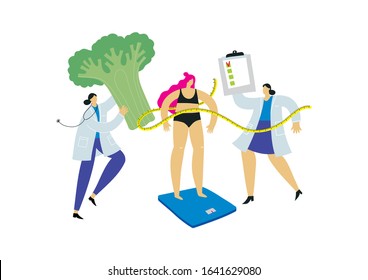 Nutritionist  doctor diet plan. Vector flat illustration healthy food and people.