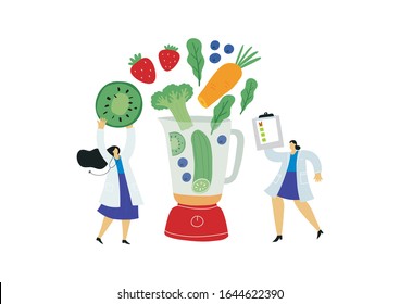 Nutritionist  doctor diet plan. Vector flat illustration healthy food and people. Nutritionist  doctor with green  vegetables in a smoothie blender.