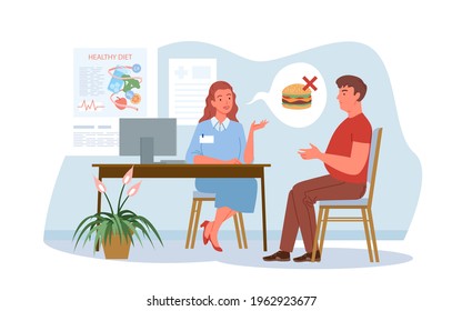 Nutritionist doctor examination, conversation in hospital. Cartoon dietitian woman and man patient characters talk about healthy diet, sugar free health food isolated on white.