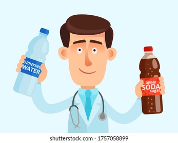 Der Arzt der Ernährungswissenschaft hält in der einen Hand eine Flasche sauberes Trinkwasser in der anderen Flasche Süßsoda. Cola, Limonade und süße Getränke sind ungesund. Vektorgrafik, flacher Cartoon, Porträt.