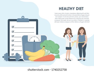 Nutritionist doctor measuring obese female patient waist. Clipboard, weight scale, dumbbell, fruit and vegetable in background. Healthy diet, nutrition consultation and weight loss concept. Copy space