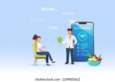 Nutritionist doctor online suggest healthy nutrition foods and diet control plan to woman on smartphone. Weight loss program service business in digital technology.