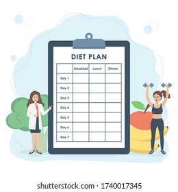 Nutritionist doctor point at clipboard with diet plan schedule, people exercise with dumbbell. Fruit and vegetable in background. Healthcare, weight loss and nutrition concept. Vector illustration.