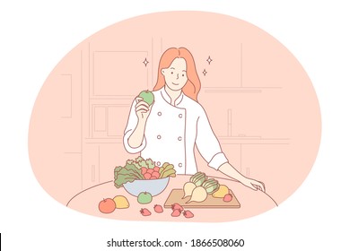 Nutritionist, doctor, profession in healthy lifestyle concept. Young smiling woman professional nutritionist in uniform with fresh vegetables and fruits showing vitamin benefit of healthy diet