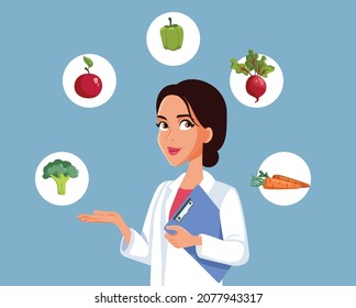 Nutritionist Doctor Surrounded by Fruits and Vegetables Concept Illustration. Dietician recommending healthy food, options making meal plan
