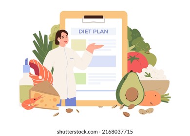 The nutritionist explains the diet plan. Against the background of different foods that have fiber, proteins and fats. Vegetables and meat