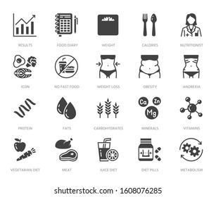 Nutritionist flat glyph icons set. Diet food, nutritions - protein, fat, carbohydrate, fit body vector illustrations. Black signs for overweight treatment. Silhouette pictogram pixel perfect 64px x5.