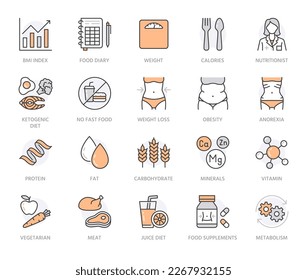 Nutritionist flat line icon set. Diet food, nutrition icons - protein, fat, carbohydrate, fit body vector illustrations. Outline pictogram for overweight treatment. Orange color. Editable Stroke