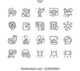 Nutritionist. Food diary. Caunt calories. Healthy food and diet. Pixel Perfect Vector Thin Line Icons. Simple Minimal Pictogram