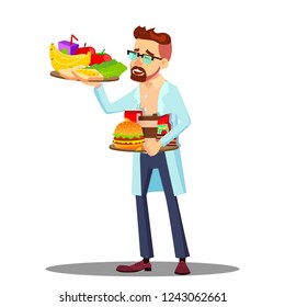 Nutritionist With Fruits And Hamburgers In Hands, Healthy And Unhealthy Food Vector. Isolated Cartoon Illustration

