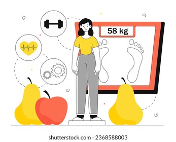 Nutricionista con concepto de línea de frutos. Mujer cerca de manzana y peras cerca de escalas con peso. Estilo de vida activo y saludable. Dieta y deportes, fitness y entrenamiento. Ilustración lineal vectorial