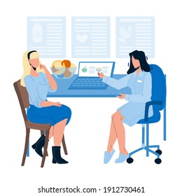 Nutritionist Giving Consultation To Patient Vector. Nutritionist Talking About Healthy Food With Woman And Making Diet Plan. Character Counseling About Healthcare Nutrition Flat Cartoon Illustration