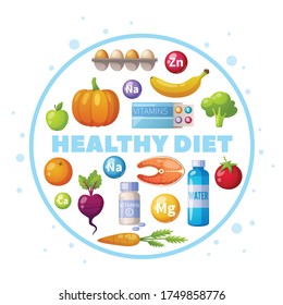 Nutritionist healthy eating diet advice cartoon circular composition with eggs salmon pumpkin fresh fruits vegetables vector illustration 