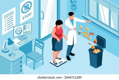 Nutritionist with healthy food and diet program symbols isometric vector illustration