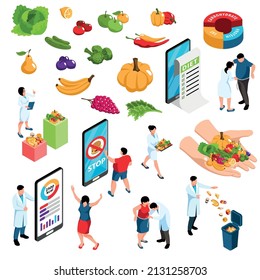 Nutritionist isometric set with diet and weight symbols isolated vector illustration