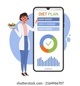 Nutritionist makes a diet plan in a mobile application. Online nutrition consultation concept. Cartoon vector illustration