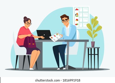 Nutritionist makes diet plan for woman patient in office. Client sits at appointment with dietician in clinic. Vector character illustration of weight loss strategy, calorie control, healthy lifestyle