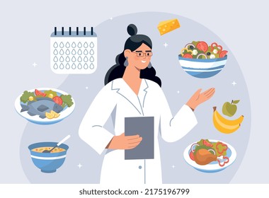 Nutritionist makes meal plan. Woman analyzes products and selects necessary for healthy lifestyle. Correct habits and assessment of energy value of food and dishes. Cartoon flat vector illustration