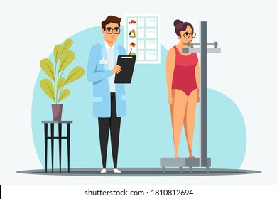 Nutritionist Measure Patient Weight On Medical Scales. Woman Client At Appointment With Dietician In Clinic. Vector Character Illustration Of Weight Loss Strategy, Body Mass Index, Healthy Lifestyle