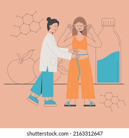 Nutritionist measures a woman's parameters. Nutrition therapy with healthy food and physical activity. The concept of health. Flat vector illustration