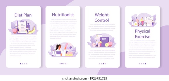 Nutritionist mobile application banner set. Nutrition therapy with healthy food and physical activity. Weight loss program and diet concept. Vector illustration in cartoon style