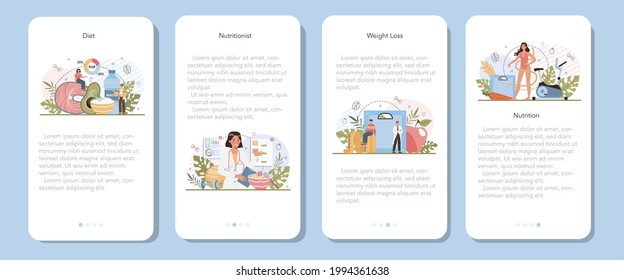 Nutritionist mobile application banner set. Nutrition therapy with healthy food and physical activity. Weight loss program and diet plan. Vector illustration in cartoon style