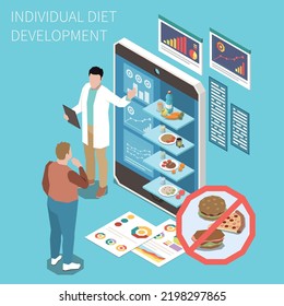 Nutritionist online consultation isometric composition with overweight man prohibited foods and specialist creating individual diet plan vector illustration