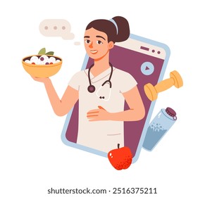 Nutritionist online consultation and therapy. Doctor on the phone. Flat vector illustration.