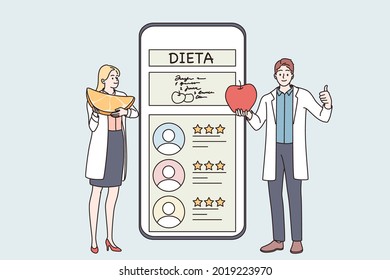 Nutritionist online service consultation concept. Young doctors nutritionists standing making Diet plan with healthy food and physical activity during Online consultation Vector illustration 