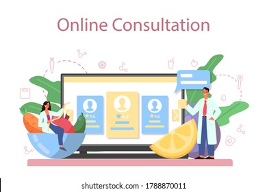 Nutritionist online service or platform. Diet plan with healthy food and physical activity. Online consultation. Vector illustration in cartoon style