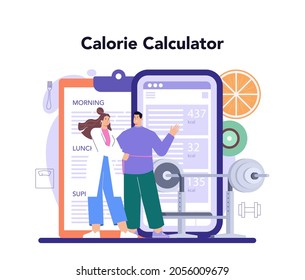 Nutritionist Online-Service oder Plattform. Ernährungstherapie. Empfehlung zu Gewichtsverlust und Ernährungsplan. Online-Kalorienrechner. Flache Vektorgrafik