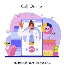 Nutritionist online service or platform. Nutrition therapy with healthy food and physical activity. Weight loss program. Online call. Flat vector illustration